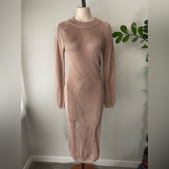 Pretty Little Thing Metallic Knitted Rose Gold Cut Out Maxi Long Dress Pink - Picture 1 of 12